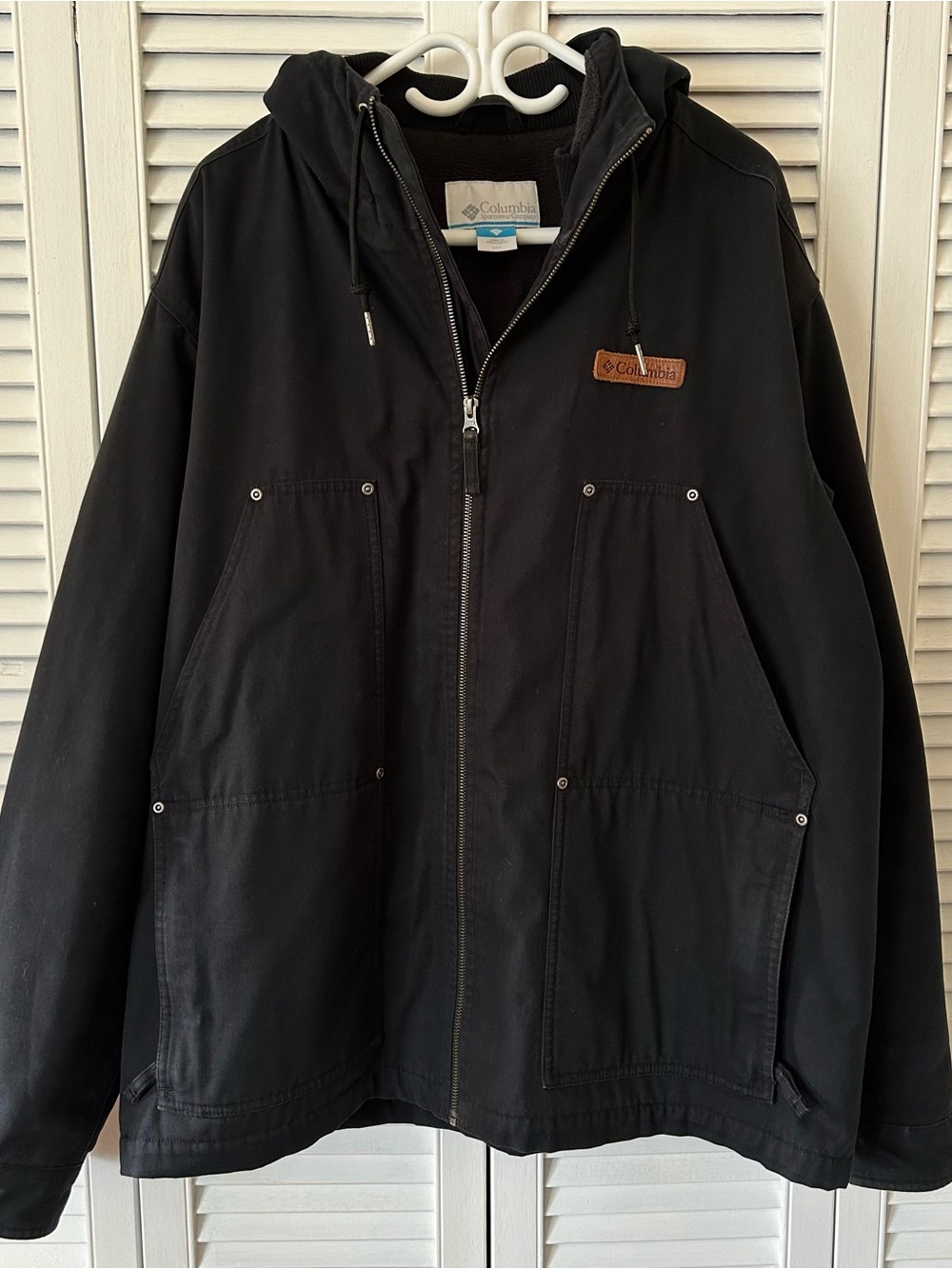 Columbia Black Hooded Field Jacket with Leather Logo Patch